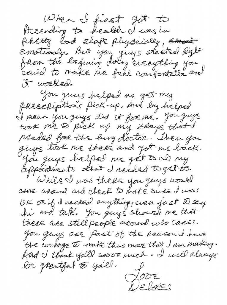 Letter from client - Ascending to Health Respite Care